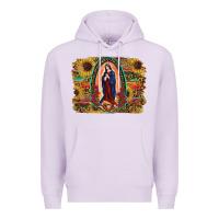 Lilac Sunflower Lady Of Guadalupe Distressed Background Premium Hoodie - RanaPortraitStore