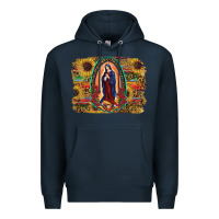 Navy Sunflower Lady Of Guadalupe Distressed Background Premium Hoodie - RanaPortraitStore