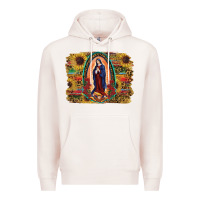 Pale Pink Sunflower Lady Of Guadalupe Distressed Background Premium Hoodie - RanaPortraitStore