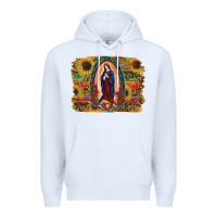 White Sunflower Lady Of Guadalupe Distressed Background Premium Hoodie - RanaPortraitStore