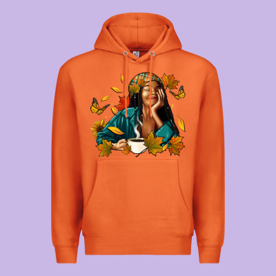 Premium Hoodie Fall afro woman with coffee