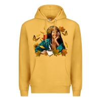 Mustard Fall afro woman with coffee Premium Hoodie - RanaPortraitStore