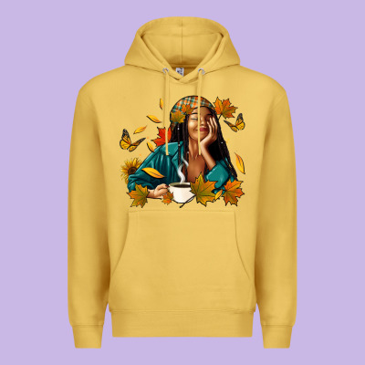 Premium Hoodie Fall afro woman with coffee