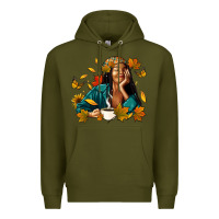 Army Green Fall afro woman with coffee Premium Hoodie - RanaPortraitStore