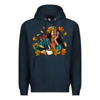 Navy Fall afro woman with coffee Premium Hoodie - RanaPortraitStore