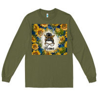 Army Green sunflowers messy bun mama Long Sleeve Tee - BarkalooDesign