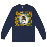 Navy sunflowers messy bun mama Long Sleeve Tee - BarkalooDesign