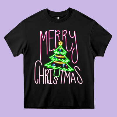 Merry Neon Christmas Heavy Core Tee Designed By Cowhidedigitalart
