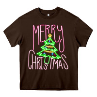 Chocolate Brown Merry Neon Christmas Heavy Core Tee - CowhideDigitalArt