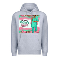 Heather Grey she works willingly with her hands afro nurse Premium Hoodie - RanaPortraitStore