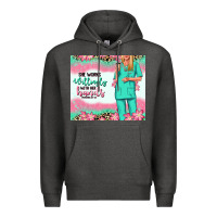 Charcoal Heather she works willingly with her hands blonde nurse Premium Hoodie - RanaPortraitStore