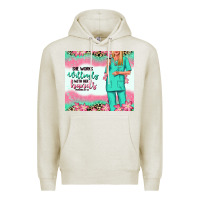 Oatmeal Heather she works willingly with her hands blonde nurse Premium Hoodie - RanaPortraitStore