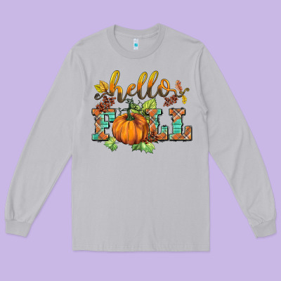 Hello Fall Pumpkin Long Sleeve Tee Designed By Barkaloodesign