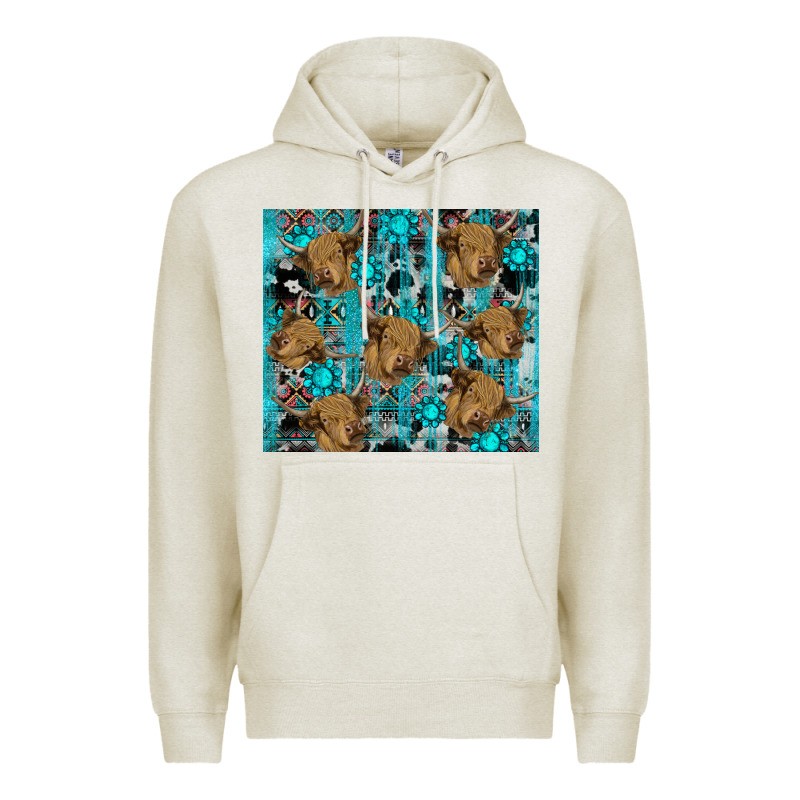 Western Aztec Highland Cow Premium Hoodie by RanaPortraitStore | Teevron