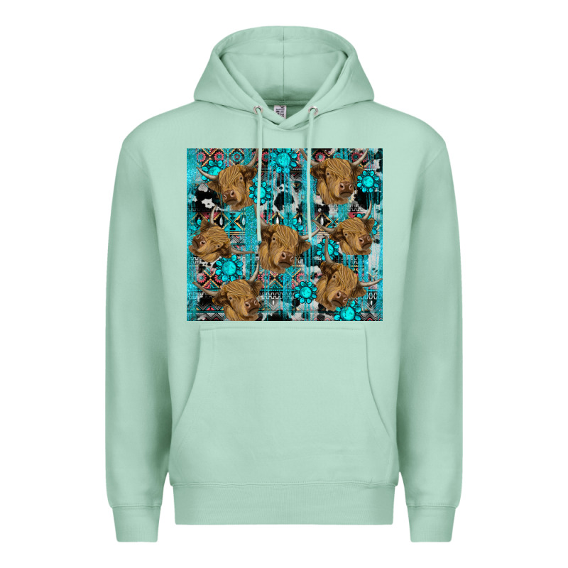 Western Aztec Highland Cow Premium Hoodie by RanaPortraitStore | Teevron