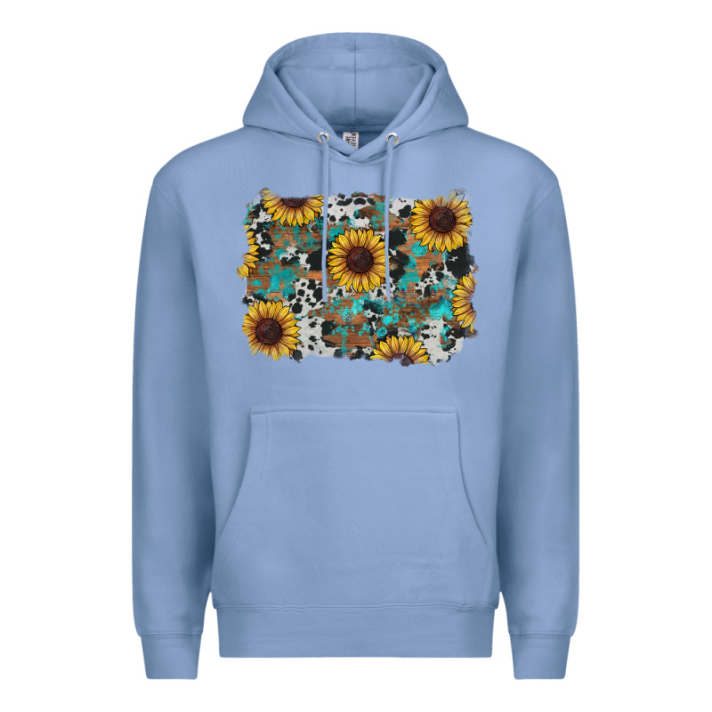 Western Sunflowers Turquoise Cowhide Background Premium Hoodie by RanaPortraitStore | Teevron