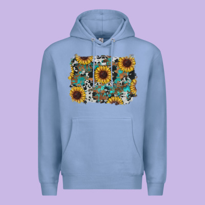 Western Sunflowers Turquoise Cowhide Background Premium Hoodie Designed By Ranaportraitstore