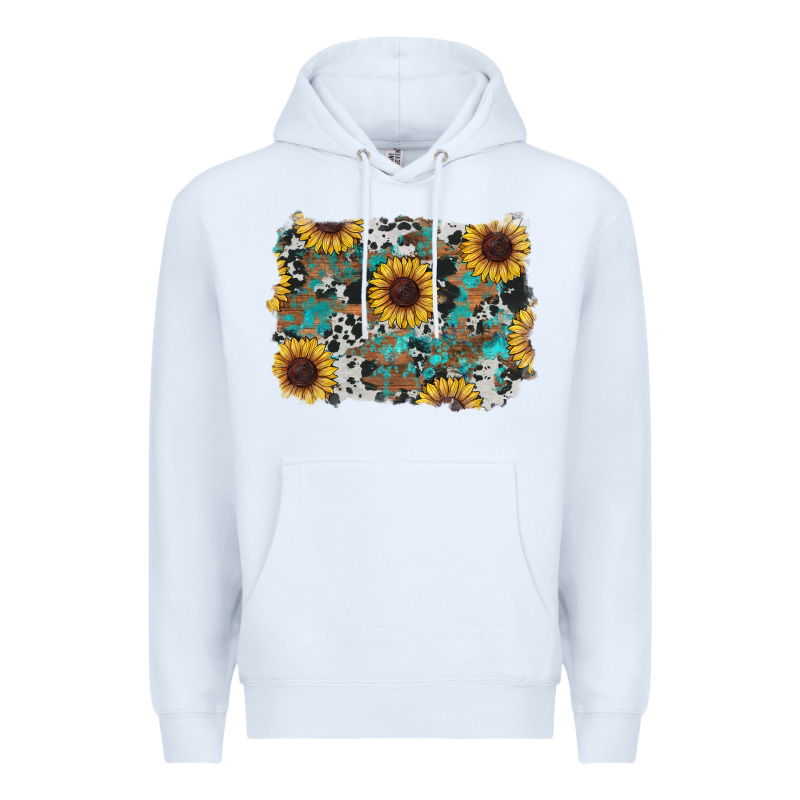 Western Sunflowers Turquoise Cowhide Background Premium Hoodie by RanaPortraitStore | Teevron