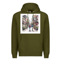 Army Green Japan Street Premium Hoodie - Unal Design