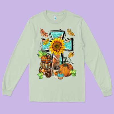 Western Thankful Cross Pumpkin Long Sleeve Tee Designed By Barkaloodesign