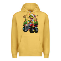 Antique Gold Christmas T-rex With Monster Truck Premium Hoodie - MaliasSmallBusiness