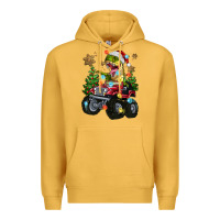Mustard Christmas T-rex With Monster Truck Premium Hoodie - MaliasSmallBusiness