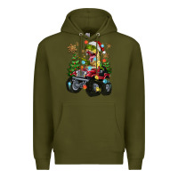 Army Green Christmas T-rex With Monster Truck Premium Hoodie - MaliasSmallBusiness