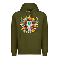 Army Green Western bull skull sunflower Premium Hoodie - MaliasSmallBusiness