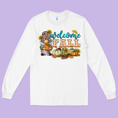 Welcome Fall Gnome Long Sleeve Tee Designed By Barkaloodesign