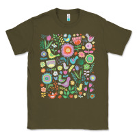 Army Green cute birds t  shirt birds and blooms   cute floral pattern by cecca de Classic Tee - DesignPulse