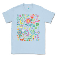 Dusty Blue cute birds t  shirt birds and blooms   cute floral pattern by cecca de Classic Tee - DesignPulse