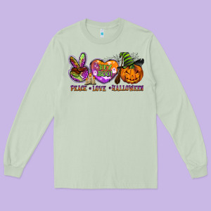 Peace Love Halloween Long Sleeve Tee Designed By Barkaloodesign