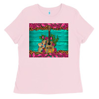 Bubblegum Pink mexican guitar roses cactus sombrero Ladies Tee - Artiststas