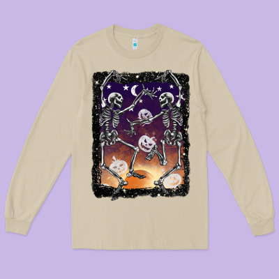 Halloween Dancing Skeletons Stars Long Sleeve Tee Designed By Barkaloodesign