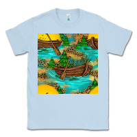 Dusty Blue Lake Boat Rudder And Sunflowers Seamless Pattern Classic Tee - BundleAndBundleShop