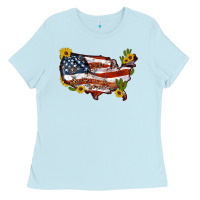 Baby Blue usa map with sunflower and cactus Ladies Tee - Artiststas