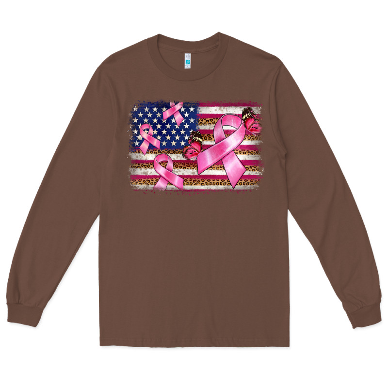 Breast Cancer American Flag Background Long Sleeve Tee by BarkalooDesign | Teevron