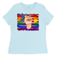 Baby Blue lgbtq flag and american flag with hand Ladies Tee - Artiststas