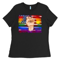 Lgbtq Flag And American Flag With Hand Ladies Tee | Teevron