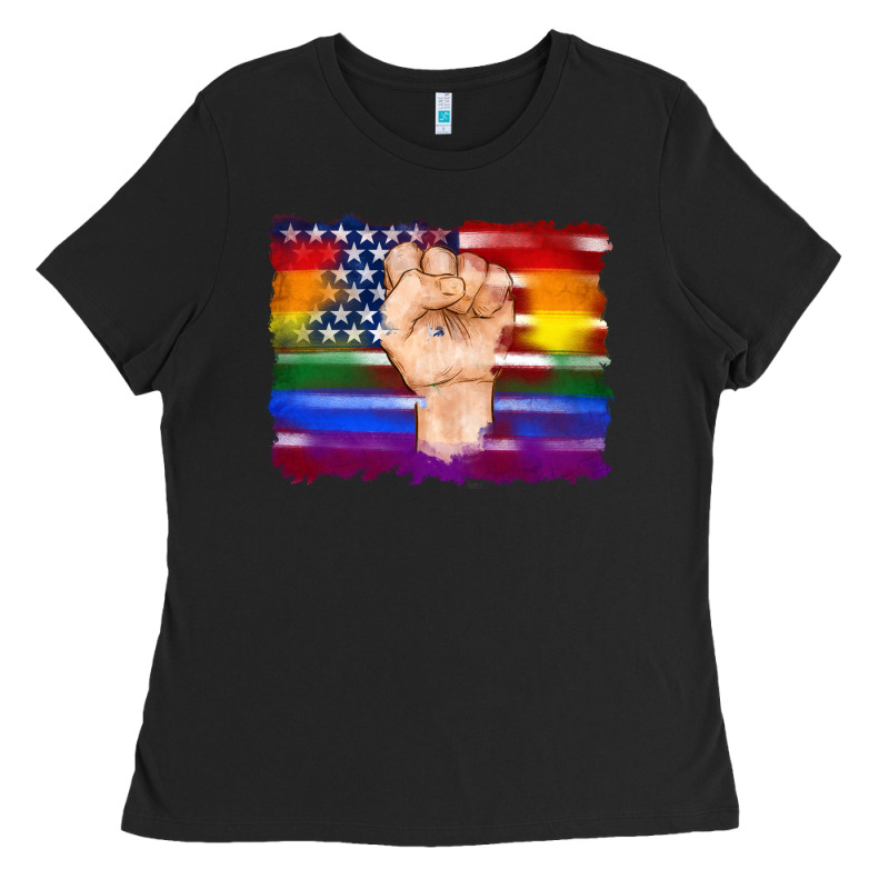 Lgbtq Flag And American Flag With Hand Ladies Tee by Artiststas | Teevron