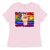 Bubblegum Pink lgbtq flag and american flag with hand Ladies Tee - Artiststas