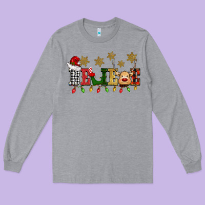Christmas Believe Long Sleeve Tee Designed By Barkaloodesign