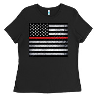 Black thin red line American flag metal floor Ladies Tee - Artiststas