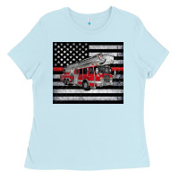 Thin Red Line American Flag Fire Truck Ladies Tee | Teevron