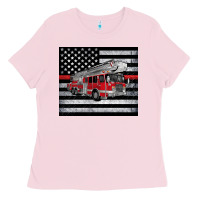 Bubblegum Pink thin red line American flag fire truck Ladies Tee - Artiststas
