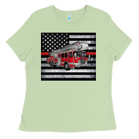 Matcha thin red line American flag fire truck Ladies Tee - Artiststas