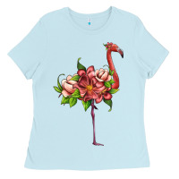 Baby Blue flamingo with tropical flowers Ladies Tee - Artiststas