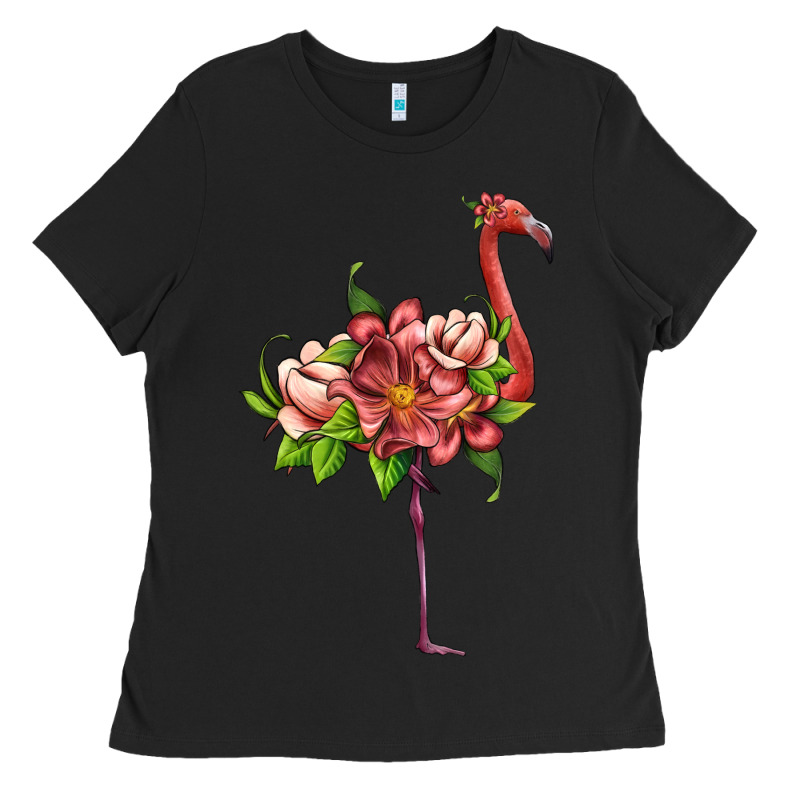 Flamingo With Tropical Flowers Ladies Tee by Artiststas | Teevron