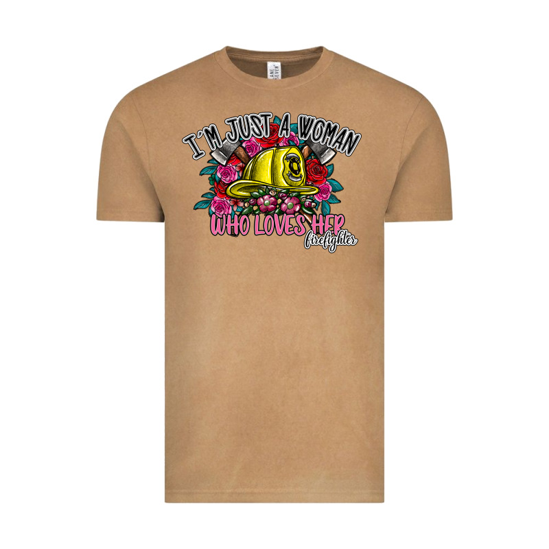 Im Just A Woman Who Loves Her Firefighter Vintage Tee by SublimationCraftShop | Teevron