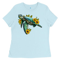 Baby Blue sea turtle with sunflowers Ladies Tee - Artiststas